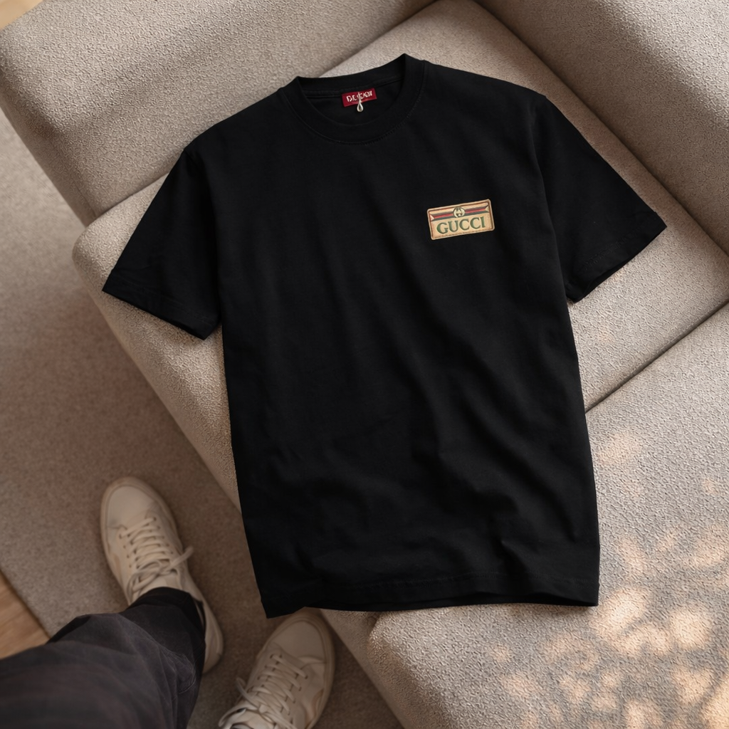 GUCCI Nakış Logo Bisiklet Yaka T-Shirt - Siyah